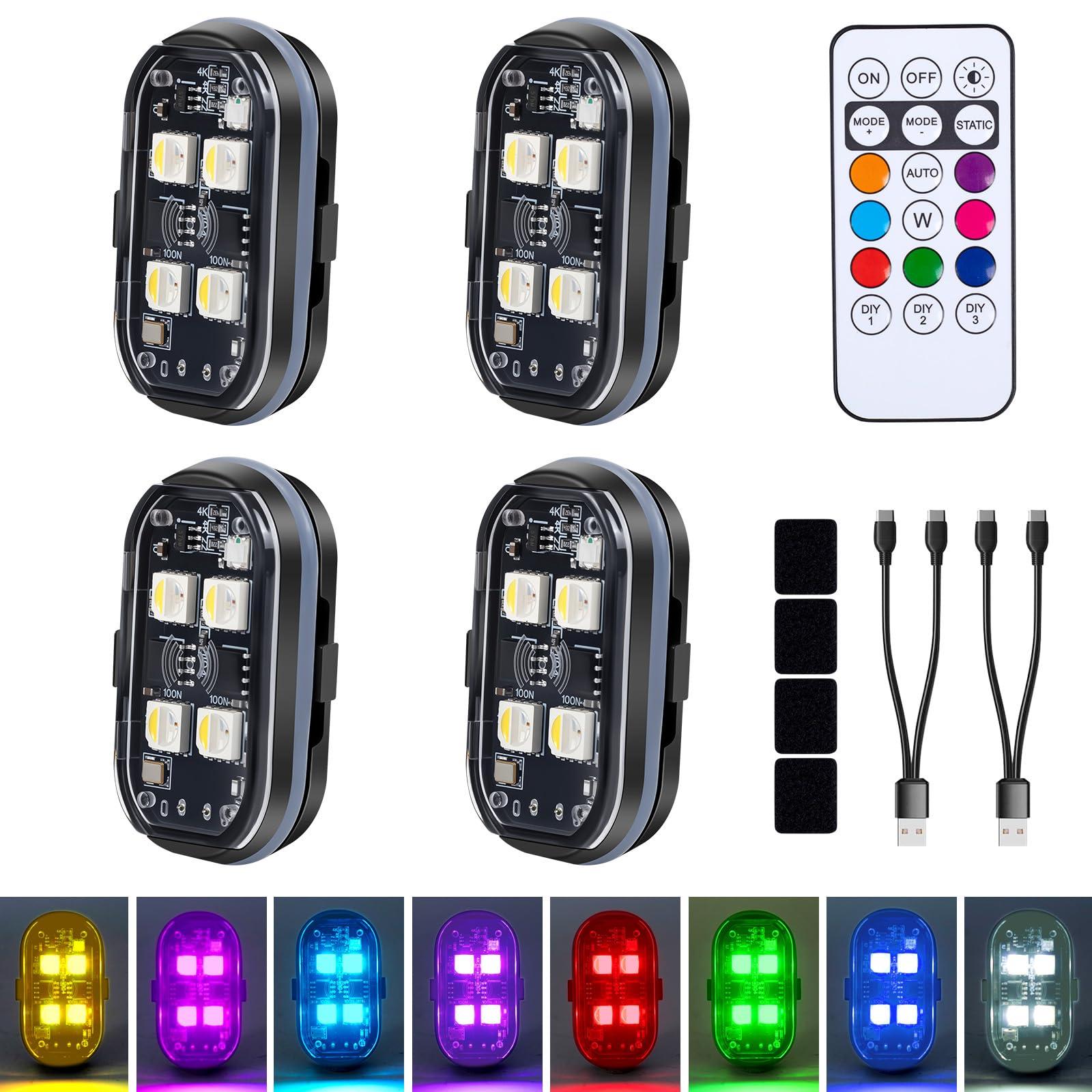 Upgraded 4LEDs 4PCS Wireless LED Strobe Lights with Remote Control, 8 Colors Type-C Rechargeable Led Lights Anti Collision Warning Light for Car Motorcycle Bike Drone Aircraft