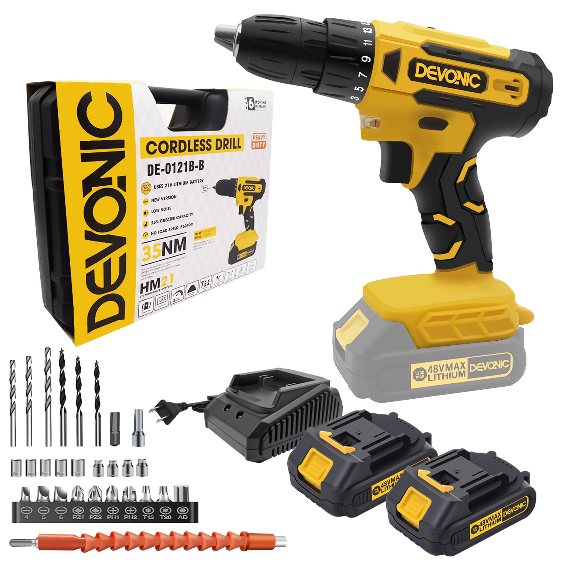 DEVONIC Cordless Drill Set,21V Electric Drill with 2 Lithium Battery and Charger,3/8"Keyless Chuck,25+1 Torque Setting and 28pcs Screwdriver Bits