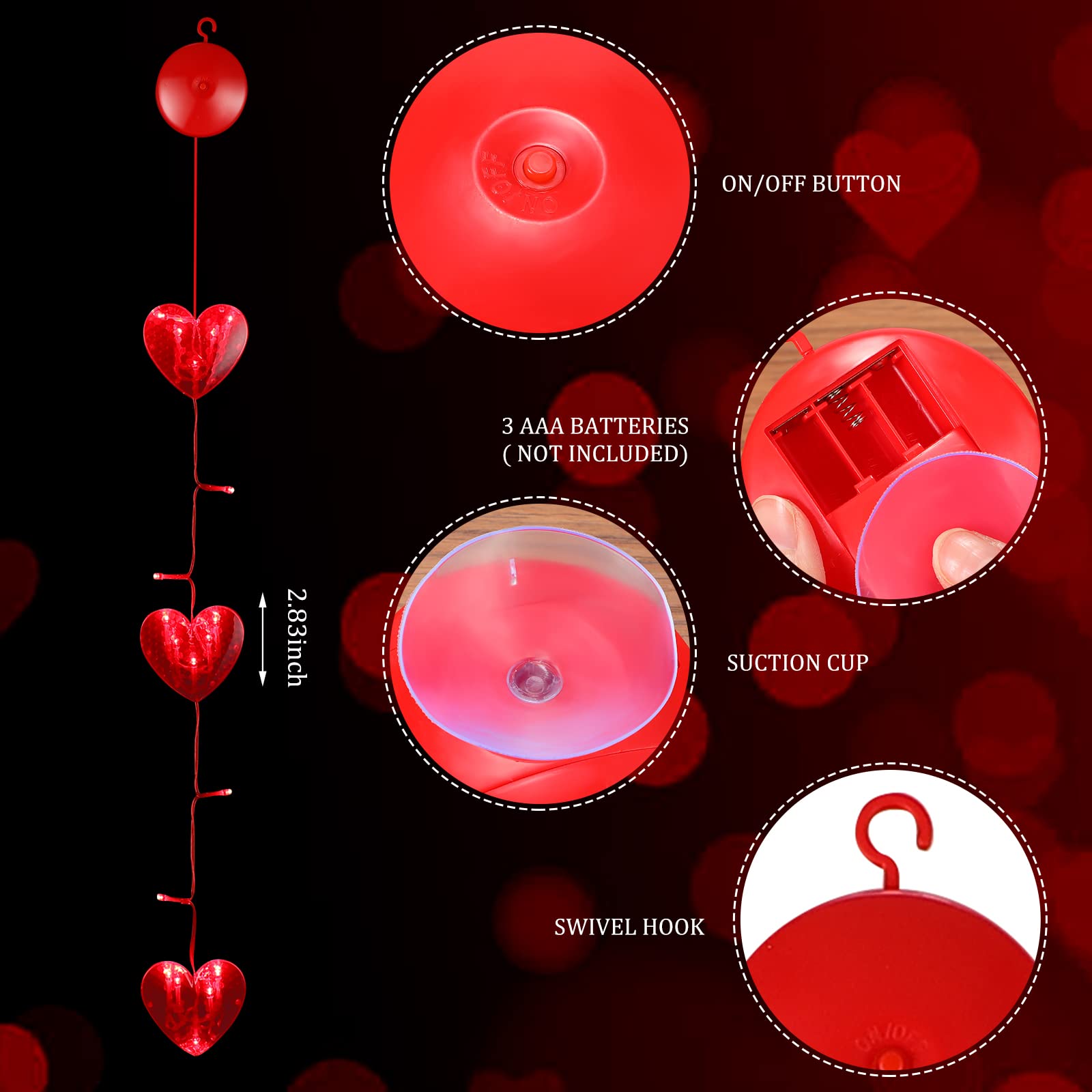 Lot de 5 guirlandes lumineuses en forme de cœur pour fenêtre de Saint-Valentin avec crochet à ventouse pour décoration intérieure et extérieure (style simple)