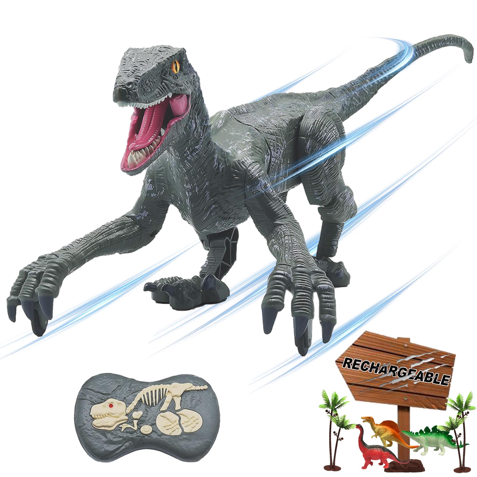 MAMABOO Remote Control Dinosaur Toys for Boys Kids Girls 3 4 5 6 7 8 Electronic RC Robot Toy Walking Roaring Velociraptor Realistic 18.1" Jurassic Dino Rechargeable Raptor Blue Birthday Gift