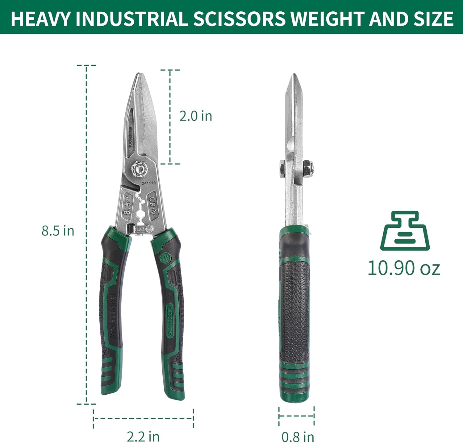 Heavy Duty Industrial Scissors, 8.5", CR-V Steel, Serrated Blades, Built-in Spring-Loaded Design, Cuts Aluminum Sheet, Wire Mesh, Plastic, Rubber Hose, Carpet, Cardboard, Left/Right-Handed