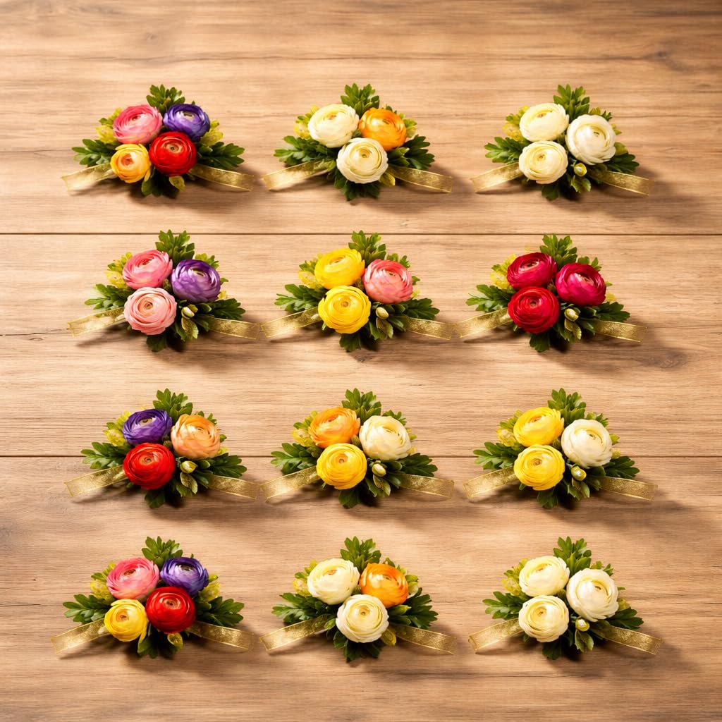 Set of 12 Muti Gift Flower Brooches for Gift Packing, Hampers, Decoration, Gifting, Trousseau, Wedding Theme Dcor, Craft Dcor, Home Dcoration Premium Multicolor Rose Flowers-image-4