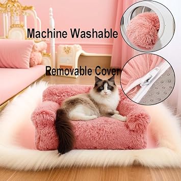 Cat Couch Bed, Plush Fluffy Cozy Cat Bed for Indoor Cats with Removable Washable Cover, Supportive Anti-Slip Dog Beds Sofa for Small Dogs (55x38x18cm,Coffee)