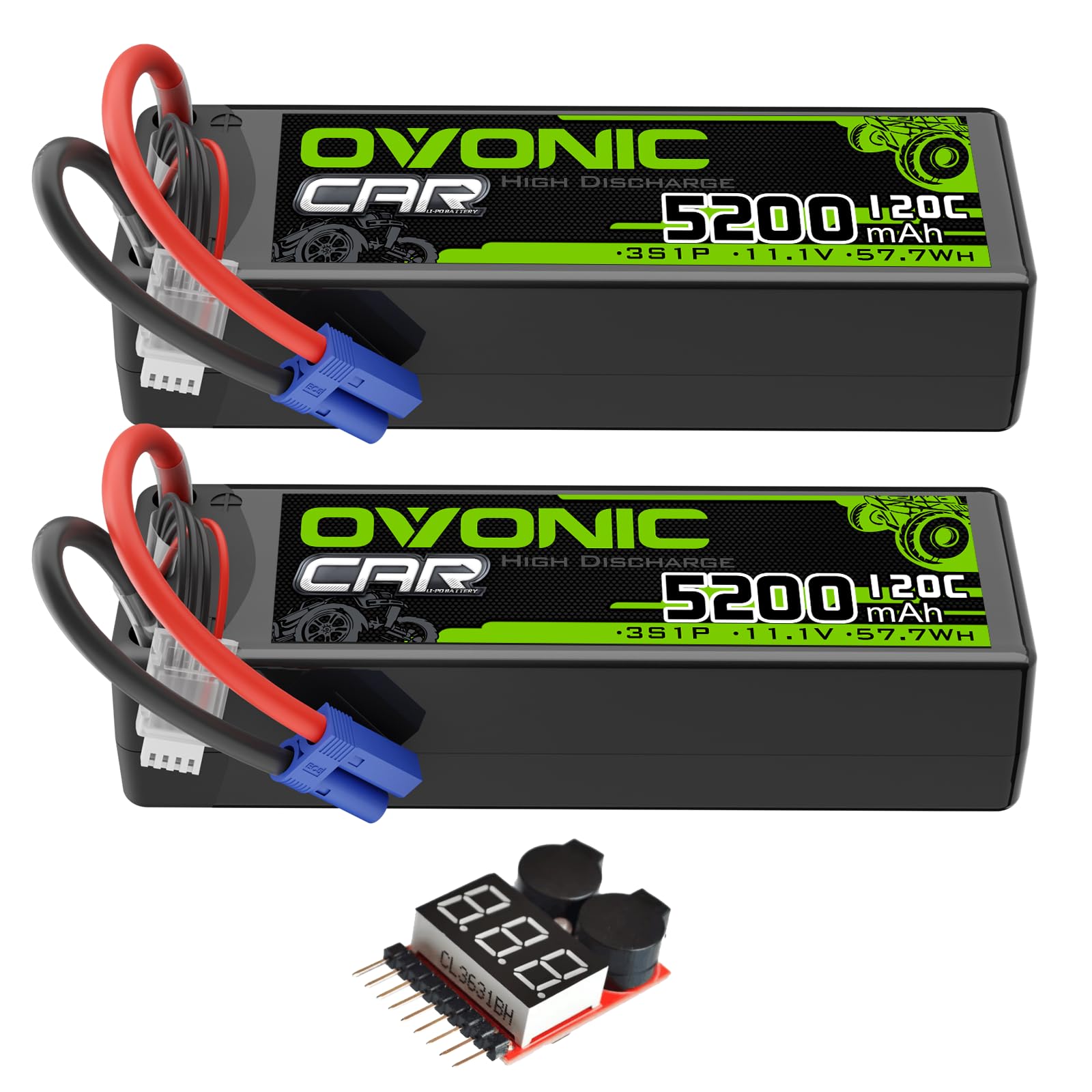 OVONIC 3S LiPo Battery 11.1V 5200mAh 120C with EC5 Plug for RC Car RC Truck Airplane Helicopter Boat Car Racing RC Hobby (2 Packs)(with Lipo Voltage Checker)