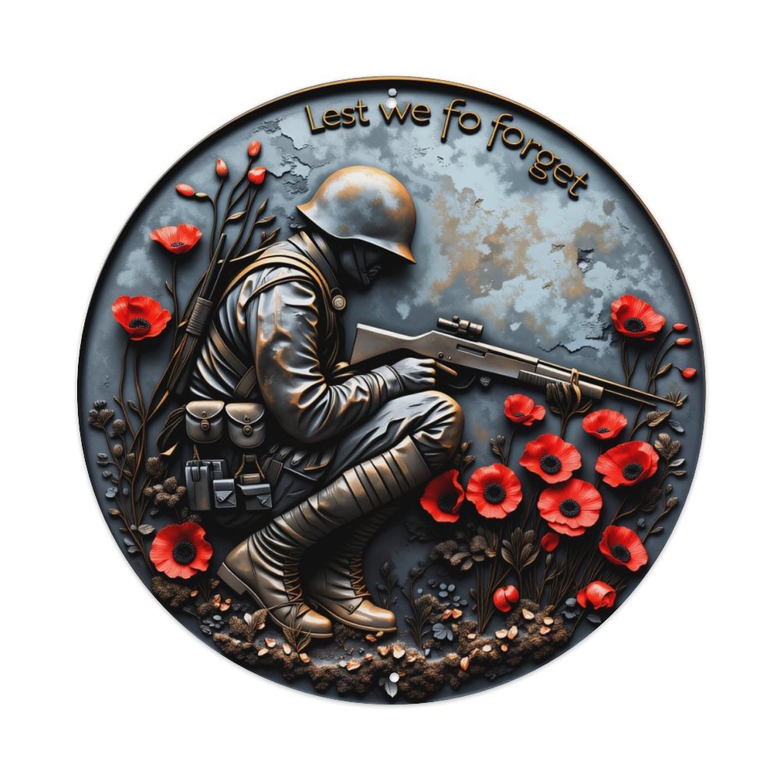 Soldier With Rifle Among Poppies And Text Round Vintage Tin Sign,Retro Wall Art,Metal Poster for Home, Bar, Garage, Cafe, Rustic Indoor & Outdoor Decor, 8x8 Inches
