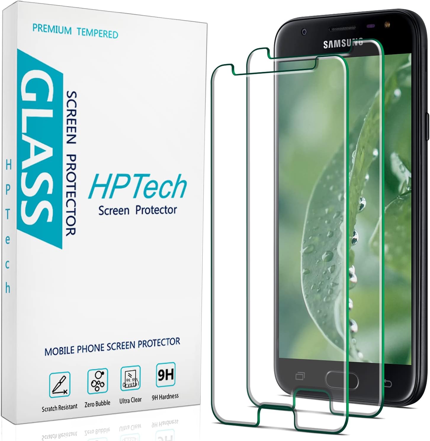 HPTech (2 Pack) Designed for Samsung Galaxy J3 2017, J3 Mission, J3 Prime, J3 Emerge, J3 Luna Pro, J3 Eclipse Tempered Glass Screen Protector, 9H Hardness, Easy to Install, Bubble Free