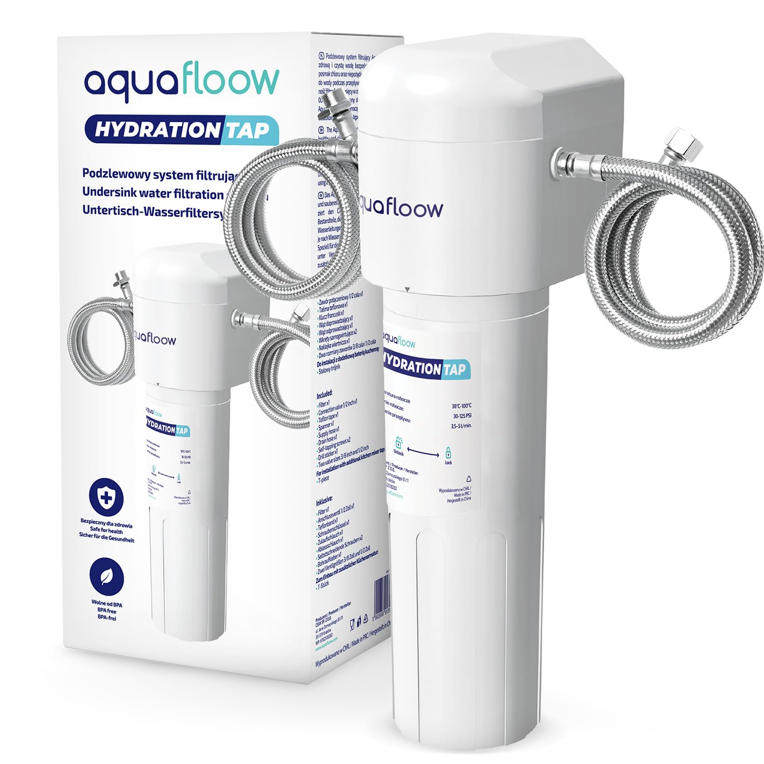 Aquafloow sistema de filtrado de agua debajo del fregadero, filtro de agua reductor de cloro, carbón activado, conexión directa al grifo de la cocina, alta eficiencia de 30.000 litros o 6-12 meses