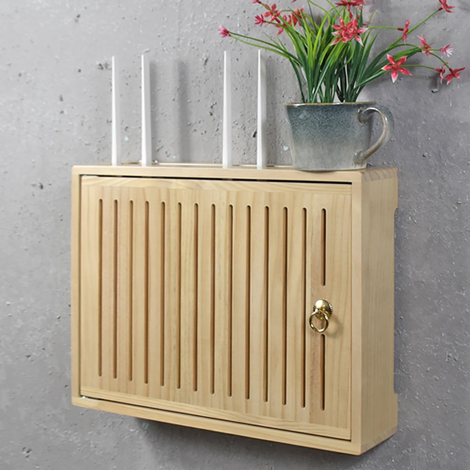 Cache-boîtier WiFi en bois marron idéal pour salon et bureau épuré