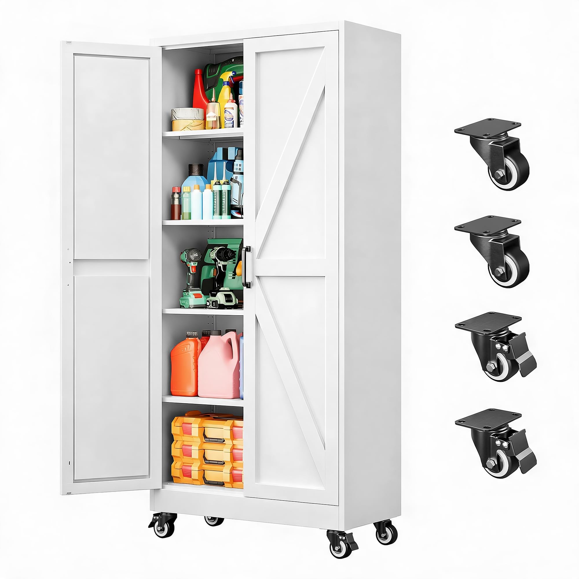 SISESOL Metal Storage Cabinet with Wheels,71 inch Tall Rolling Garage Storage Cabinet,Metal Cabinets with Wheels and Shelves, Deep Heavy Duty Tool Cabinet for Garage,Home,Office,Shop (White)