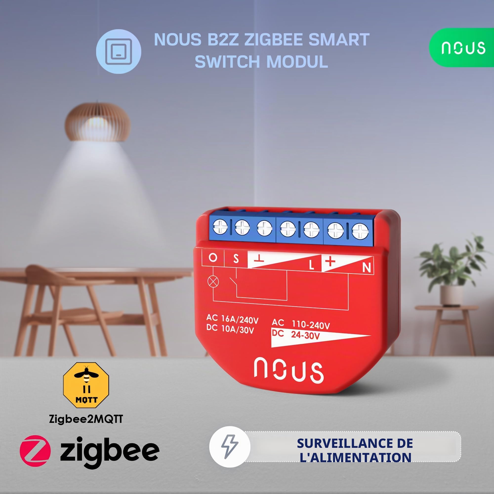 NOUS Module Interrupteur Intelligent ZigBee avec Mesure de Puissance, 1 Canal, AC 16A/DC 10A, 3.0 Hub Requis, Compatible avec Alexa, Zigbee2MQTT, Google Assistant, Home Assistant, Tuya