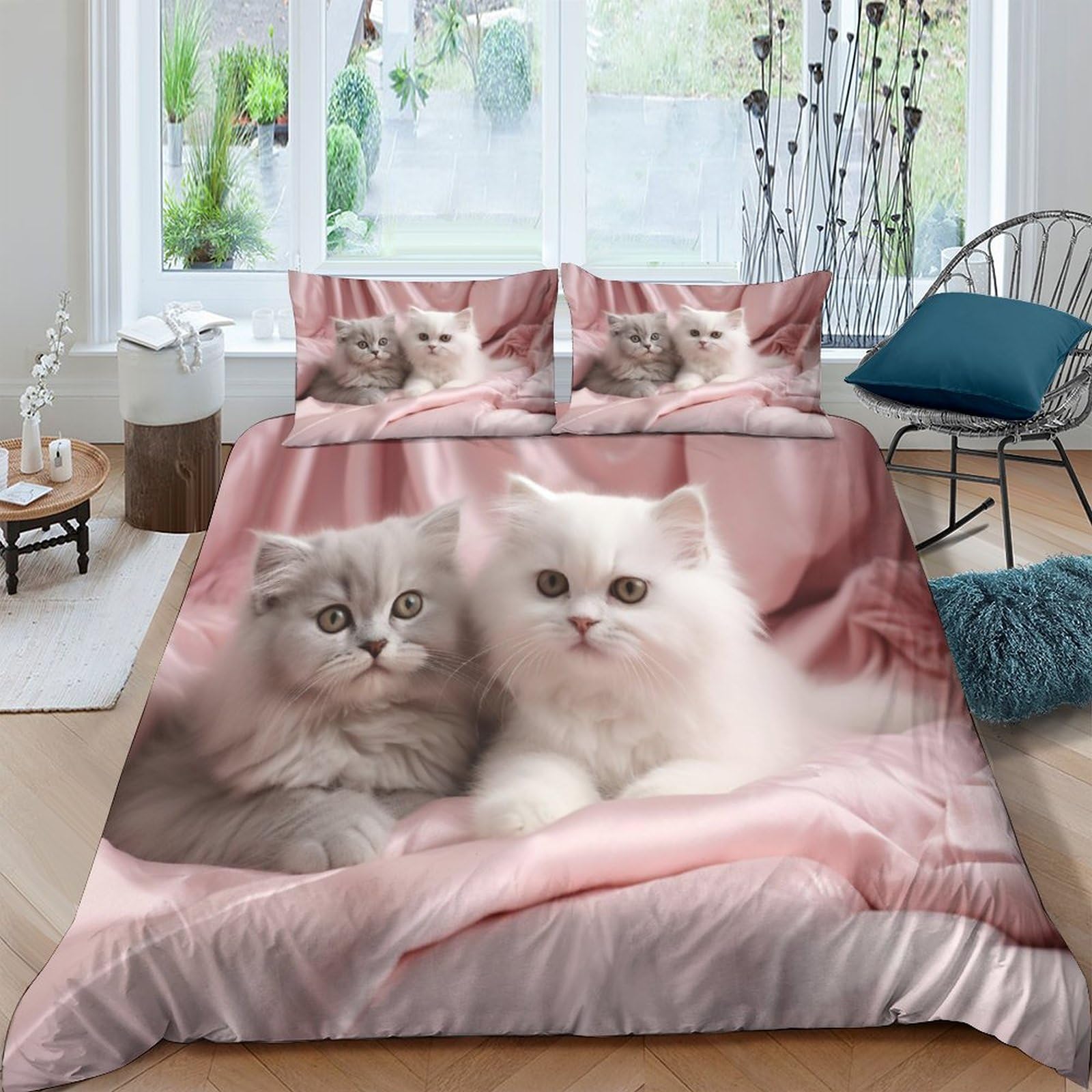 Housses de couettes chaton coton multicolore IOFEER parure de lit 3 pièces King 220x240cm