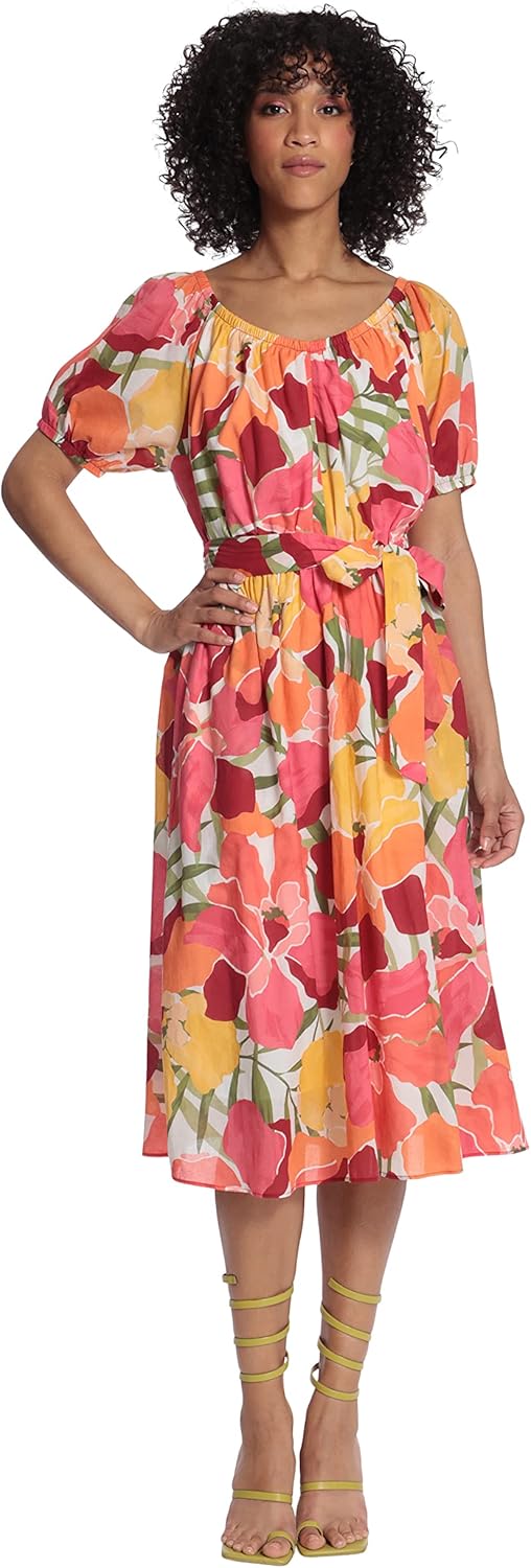 Maggy London Womens Short Sleeve Scoop Neck Waist Tie Dress