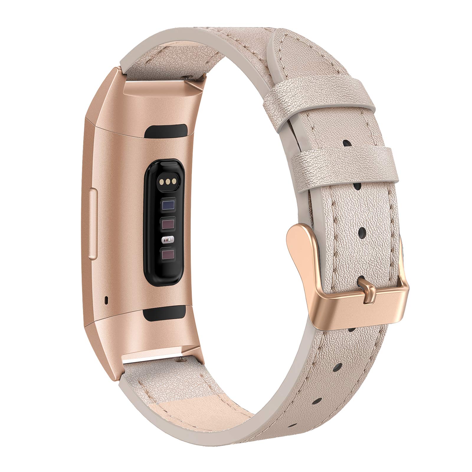 Tuocal Genuine Leather Strap Compatible with Fitbit Charge 3 Strap/Fitbit Charge 4 Wristband, Adjustable Leather Strap for Fitbit Charge 3 / Fitbit Charge 4 Activity Tracker Women Men Champagne