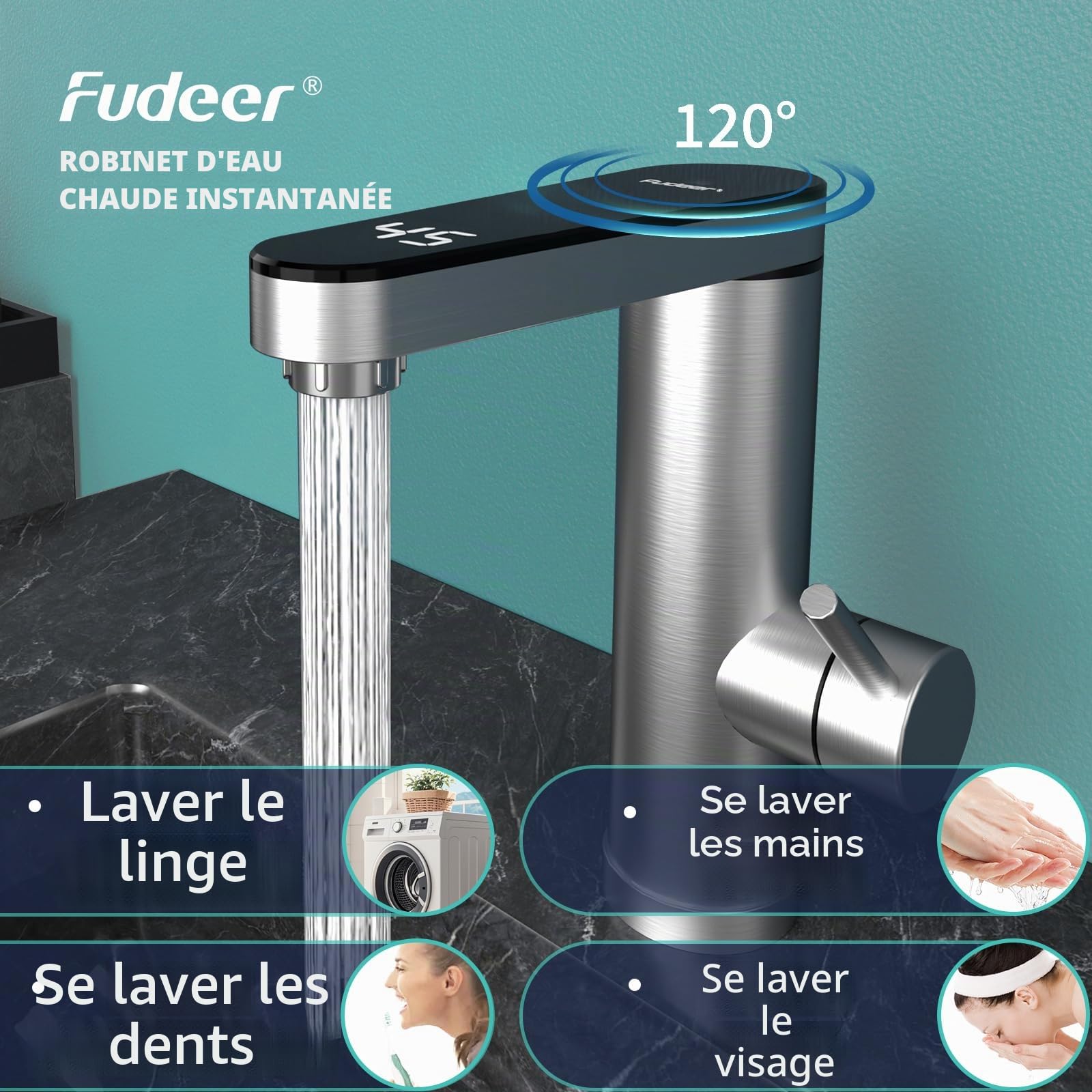 Robinet électrique de salle de bain avec chauffe-eau instantané 230 V, 3,3 kW avec affichage numérique (30-45 ℃), chauffage rapide, bec rotatif à 120 °, acier inoxydable 304 (argent)