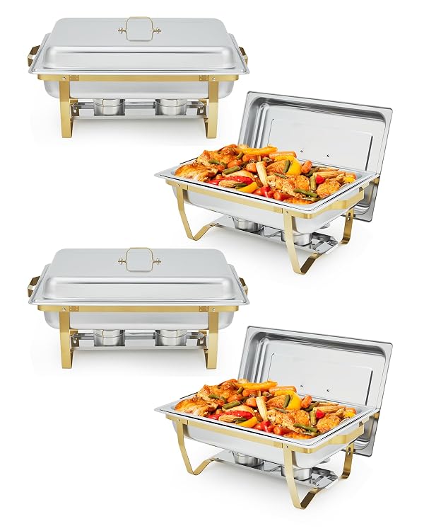 Garvee Chafing Dish Buffet Set 4 Pack, 8QT Buffet Servers and Warmers Set with Lid & Foldable Frame, Rectangular Stainless Steel Chafer Food Warmer for Parties Wedding Catering Supplies, Gold by Garvee - Used condition - CA$138.23