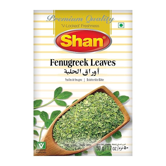 Shan Fenugreek Leaves 1.7 oz (50g) - No Preservative No Artificial Food Color - Authentic and Fresh Fenugreek Leaves - Halal and Suitable for Vegetarians - Airtight Aluminum Pouch