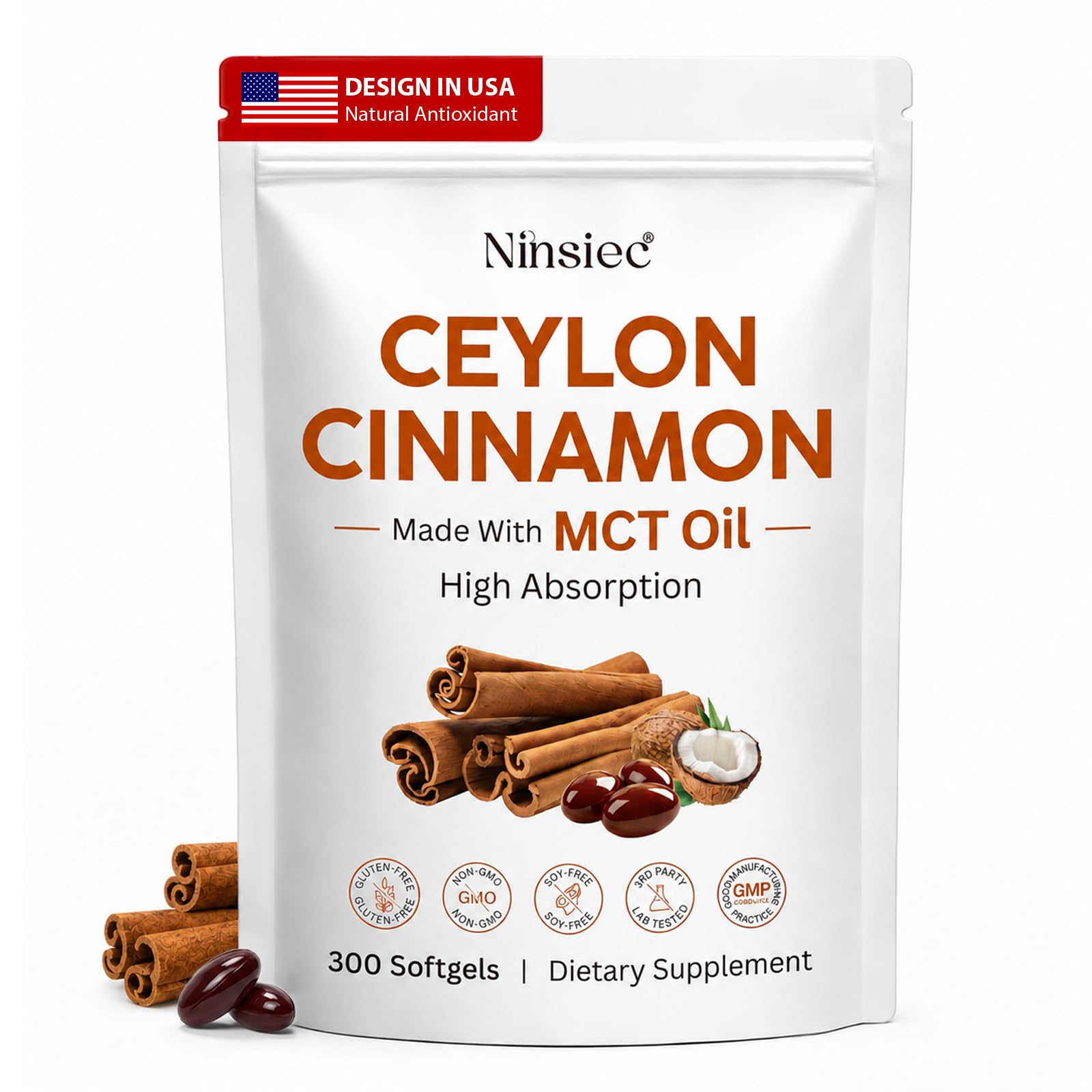 2-in-1 Organic Ceylon Cinnamon with MCT Oil Supplements 1800mg Softgels 1 bag