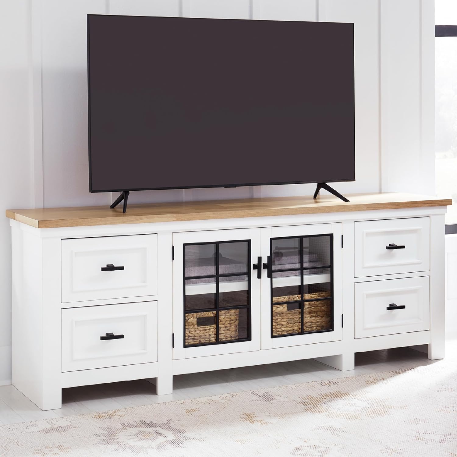 Signature Design by Ashley Ashbryn Casual 4-Drawer 74" TV Stand for TVs up to 84" with Adjustable Shelves, Cabinets, Cord Openings, White & Light Brown