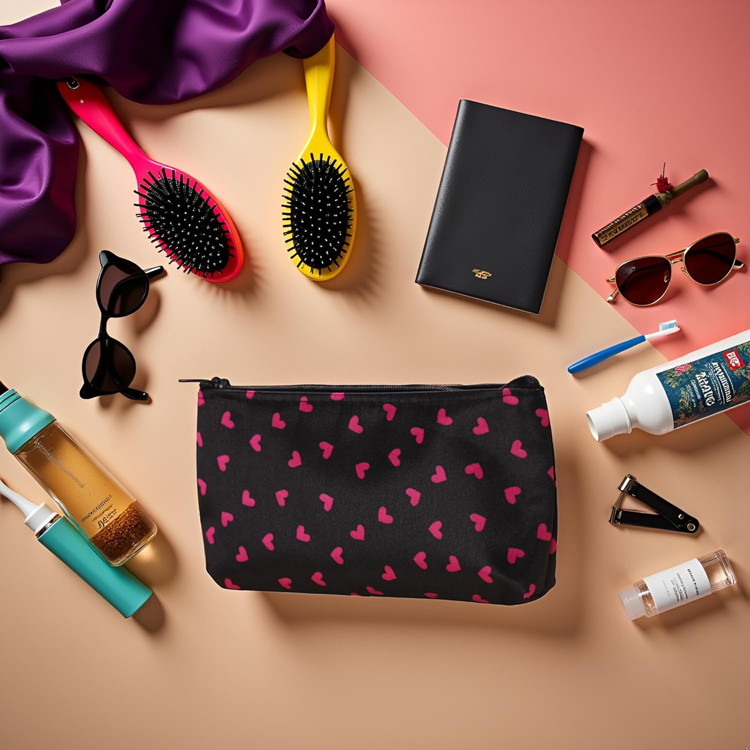 Red Outdoor Travel Storage Cosmetic Bag,Portable Travel Cosmetic Bag Makeup Case Heart Dot Print Toiletry Wash Organize Multifunctional Makeup Bag - Image 4