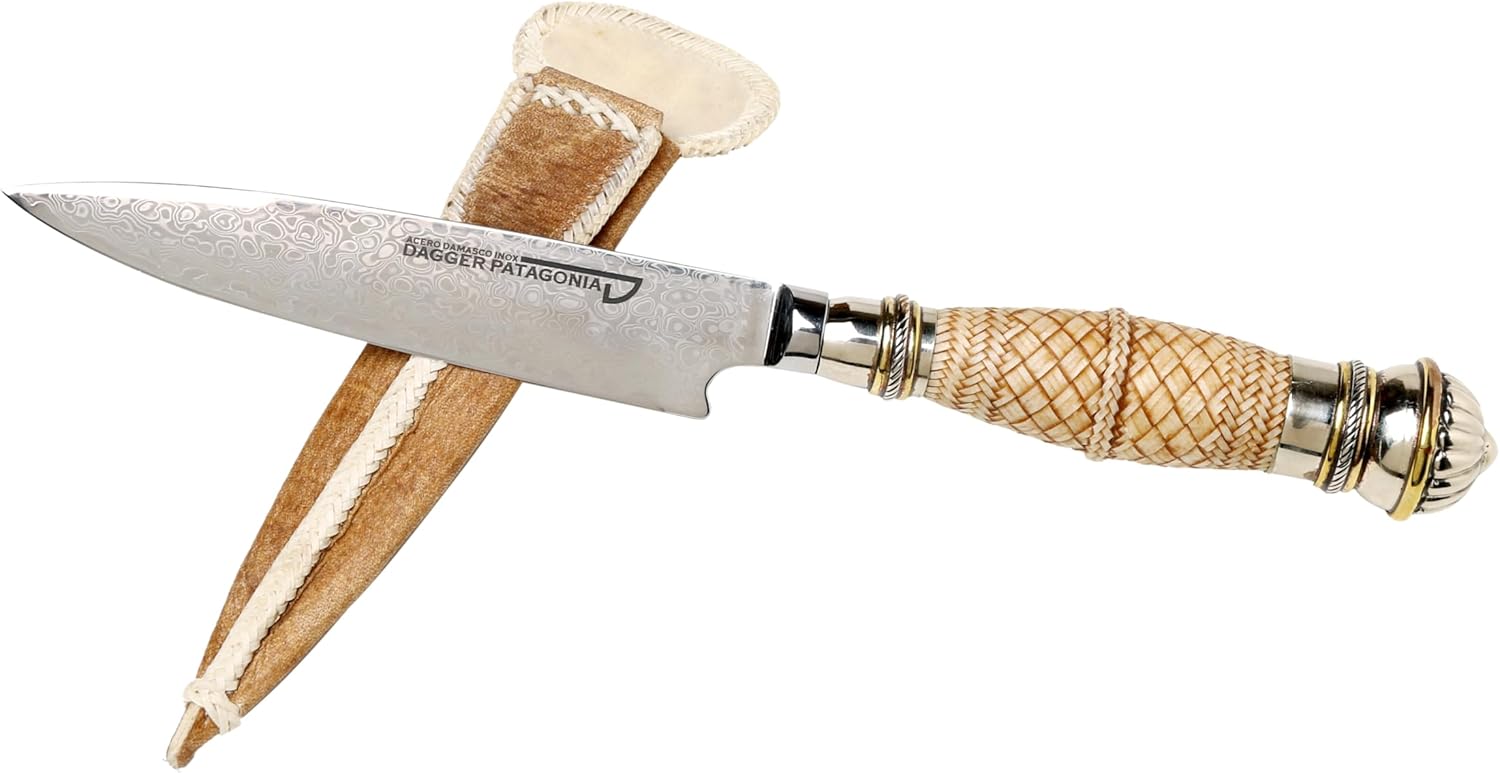 Damascus Steel Knife 5.51" with Braided Leather and Nickel Silver Luis XV Ferrule Handle Dagger Blade