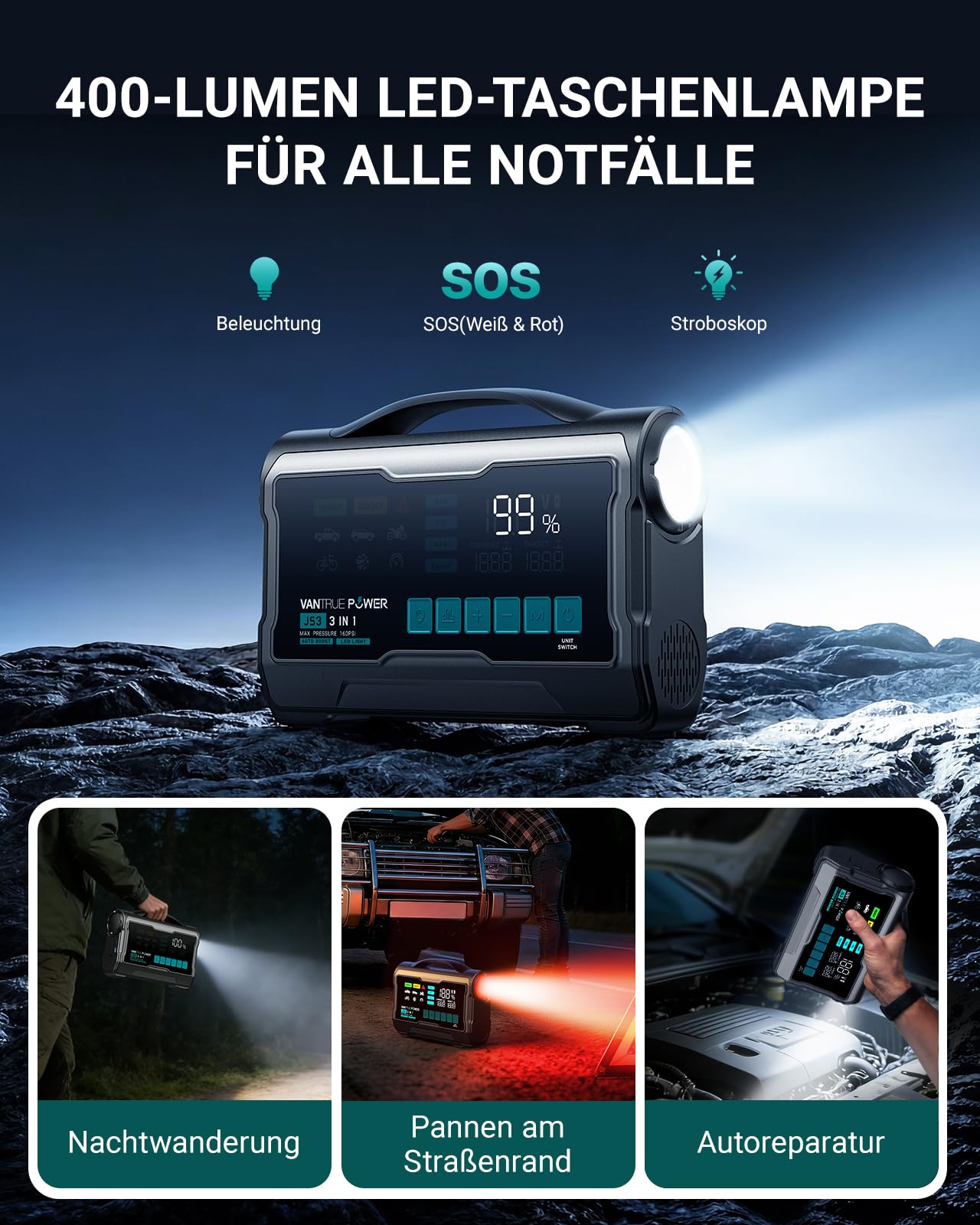 JS3 3250A Starthilfe Powerbank für PKW mit 160PSI Kompressor 12V Auto Batterie Booster, 65W Schnelllade, für 10L Gas / 8L Diesel Einsatz in verschiedenen Notfallsituationen