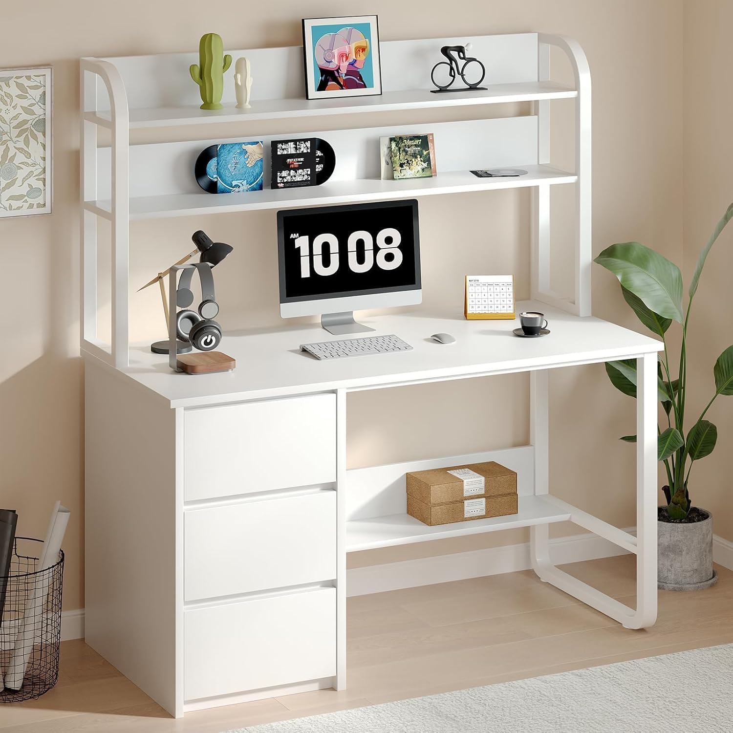 White Desk with Hutch, 60 Inch Computer Desk with 3 Drawers for Bedroom, Study Writing Desk with Shelves for Small Places, Adjustable Feet