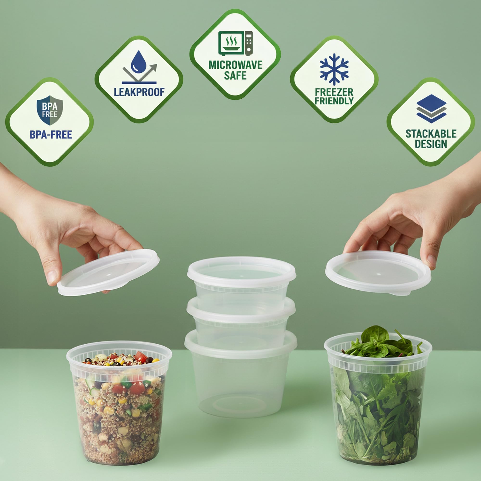 JoyServe Contenedores de comida Deli con tapas, (paquete de 48), 16 juegos de cada tamaño, taza de 8 onzas, 16 onzas, pinta, 32 onzas, almacenamiento de alimentos para llevar, almacenamiento de