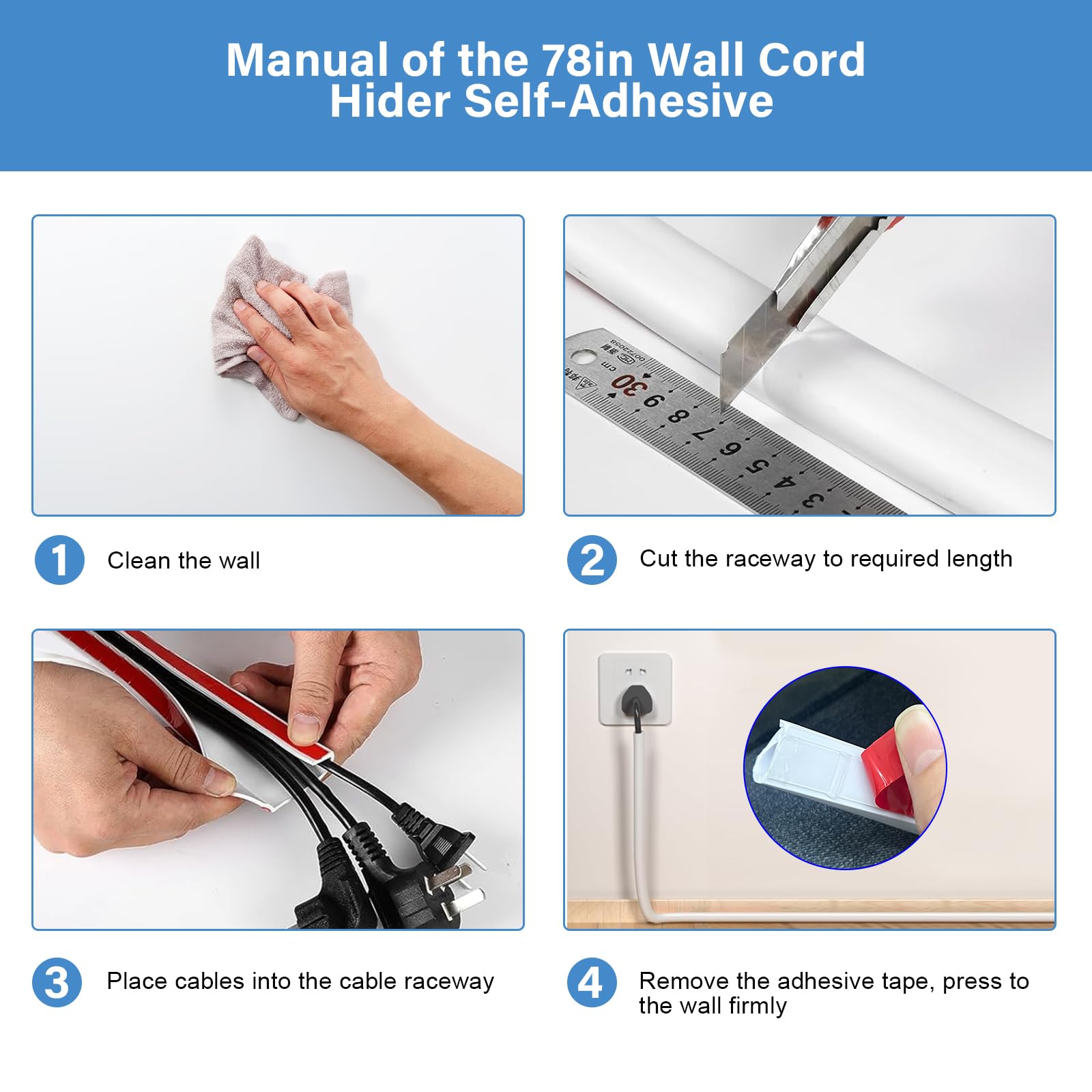 Shackcom Pack de 4 Pasacables con Sierra de Corona de 60 mm para TV de Pared y Escritorio, Kit de Gestión de Cables con 3 m de Manguera y 2 m de Canal Autoadhesivo, Blanco – Organiza tus Cables