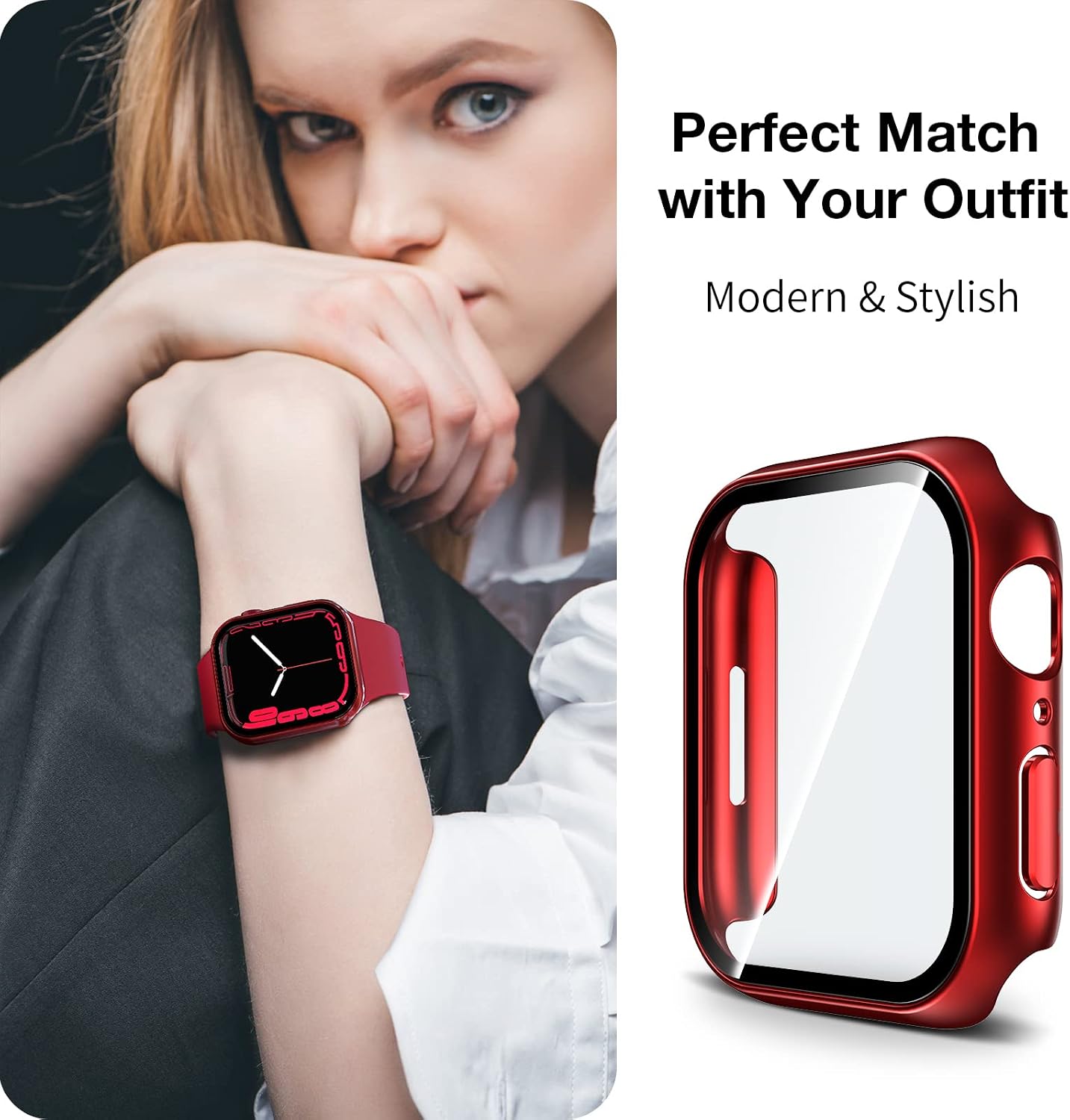 LK 2 Pack Hard PC Case with Tempered Glass Screen Protector Compatible with Apple Watch Series 7 41mm, Touch Sensitive, HD Ultra-Thin, Full Protective Cover for iWatch 41mm, Red