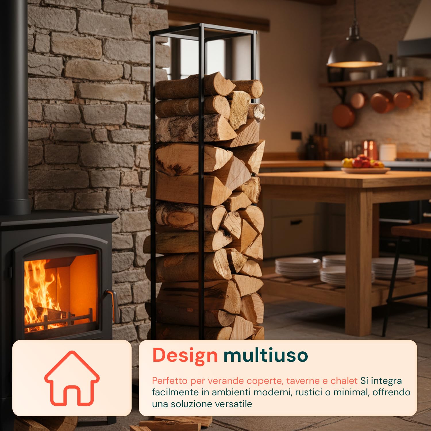 Avilia – Portalegna da Interno in Metallo 33×33×115 cm per Camino e Stufa, Design Verticale Salvaspazio, Facile da Montare e Ultra-Resistente, Ideale per Riporre Legna da Ardere