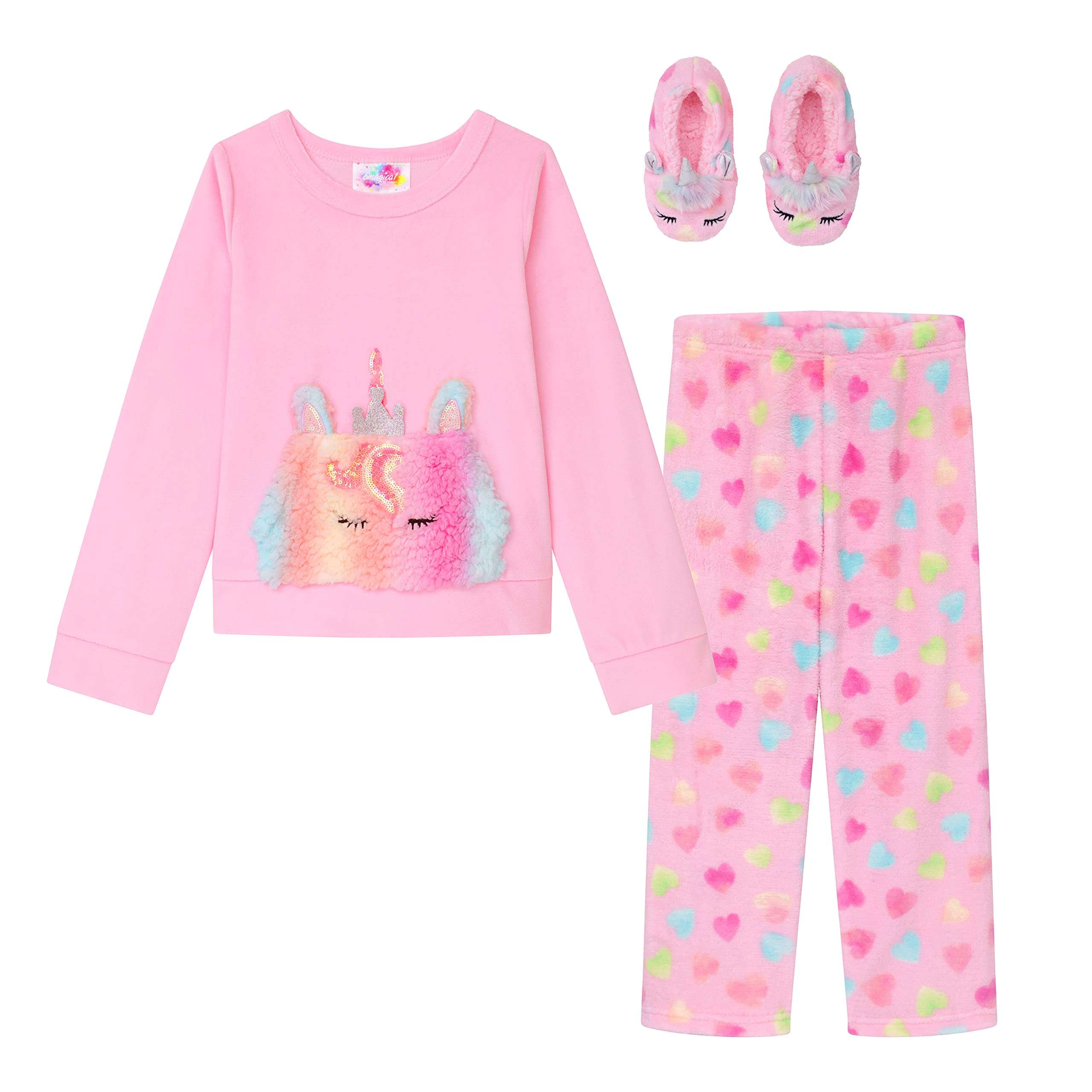BTweenGirls’ 3 Pack Sleepwear Set, Llamacorn Sweater and Slip-ons with Rainbow Velour Pajama Bottoms