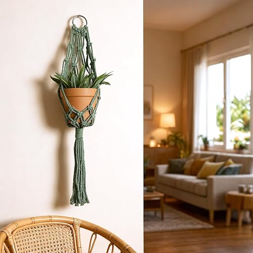 Miniatura 9 de Artilady Maceta colgante negra para plantas de interior, colgador de plantas de macramé, cesta grande con cuentas ajustables, ventana al aire libre,