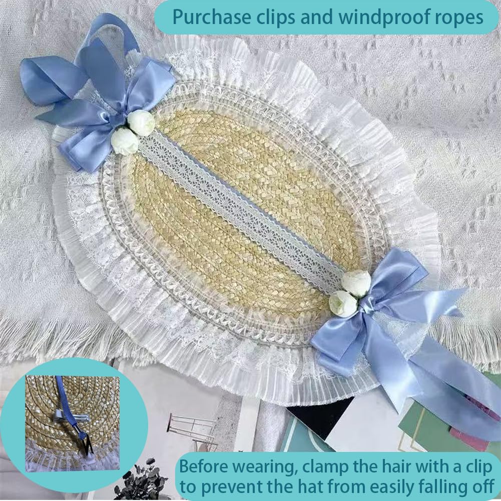 Sombrero victoriano de fiesta de té para mujer, con lazos de Lolita, sombreros de paja planos para mujer, sombrero de ala ancha con cordón de viento 2