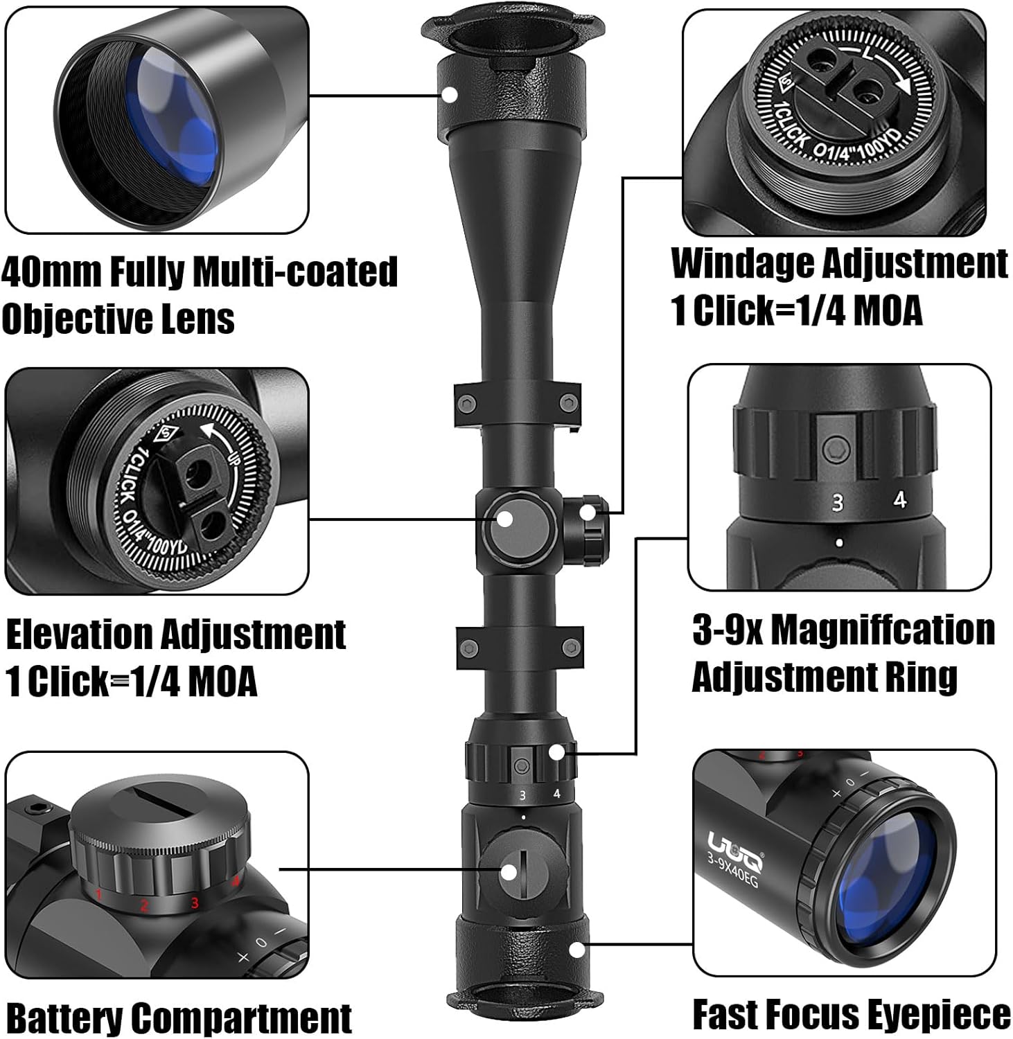 UUQ 3-9×40 Rifle Scope with Red/Green Illumination and Rangefinder Reticle-Fits 20mm Free Mounts,Waterproof and Fog-Proof