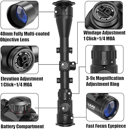 Miniatura 7 de UUQ Alcance de rifle de 3-9 × 40 con iluminación roja/verde y retícula de telémetro, se adapta a soportes libres de 0.787 in/0.433 in, impermeable