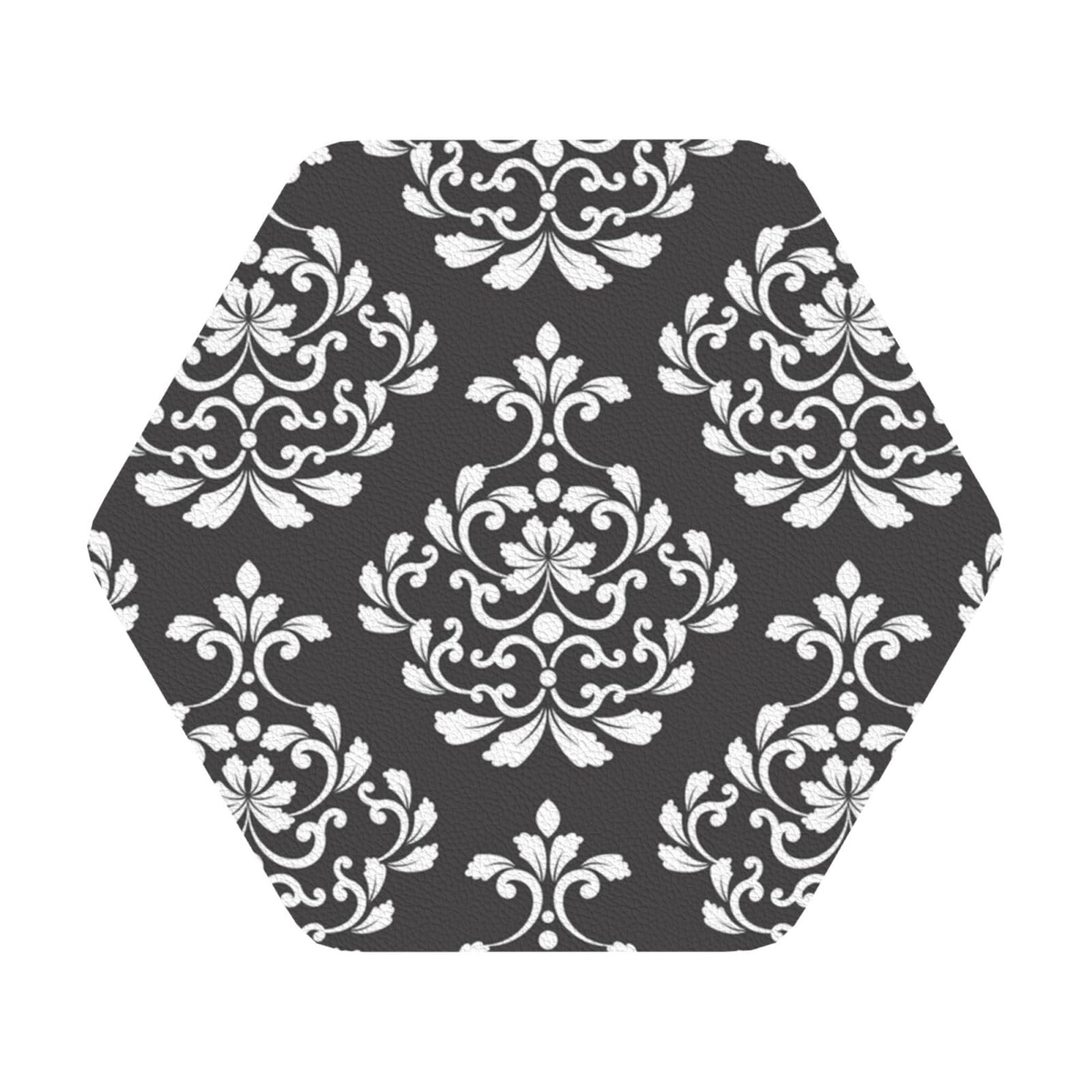 Damask Pattern PU Leather Coasters Set of 6 Hexagon Drink Coasters