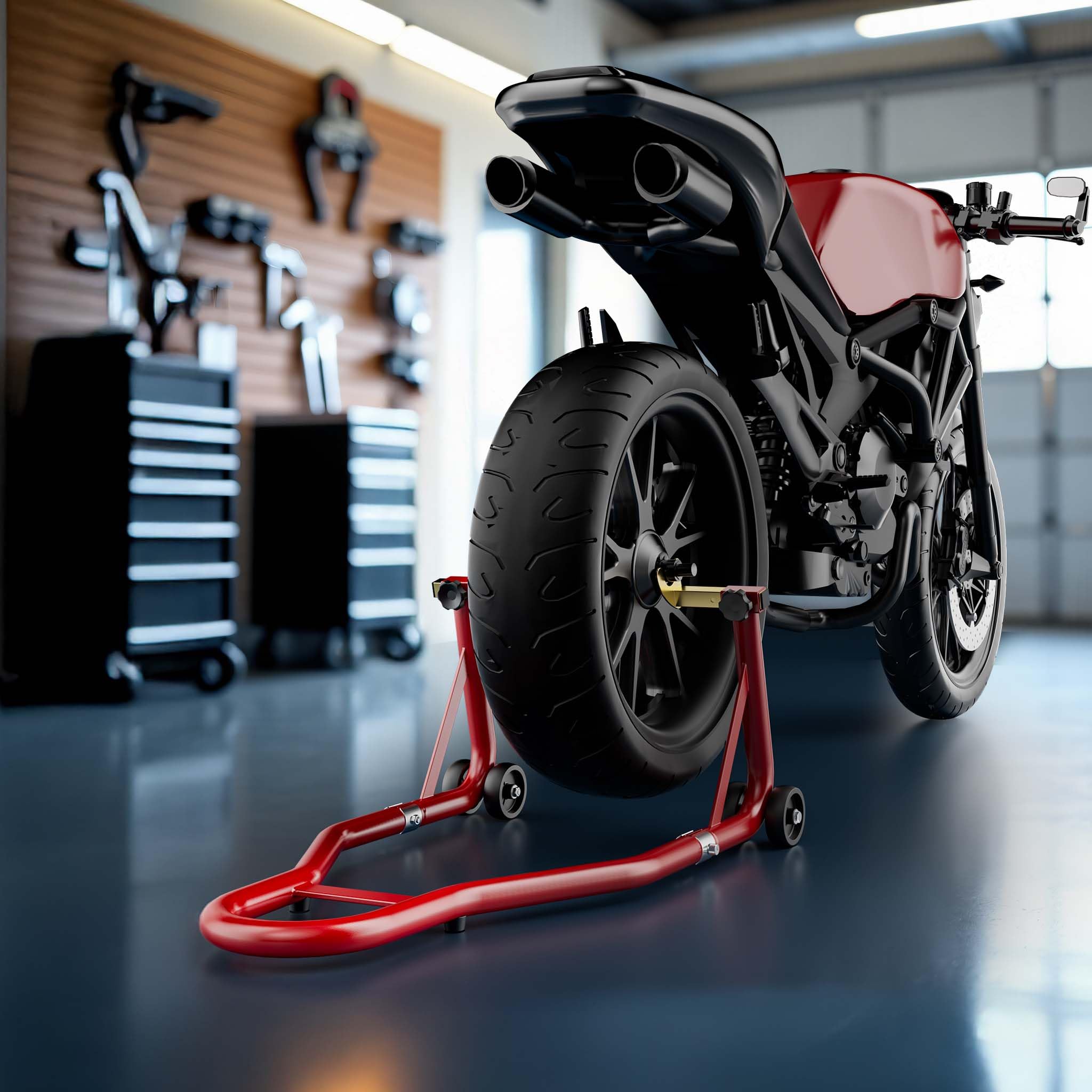 Wiltec Cavalletto alzamoto posteriore sotto forcella, max 450 kg, con rotelle, per ruote posteriori