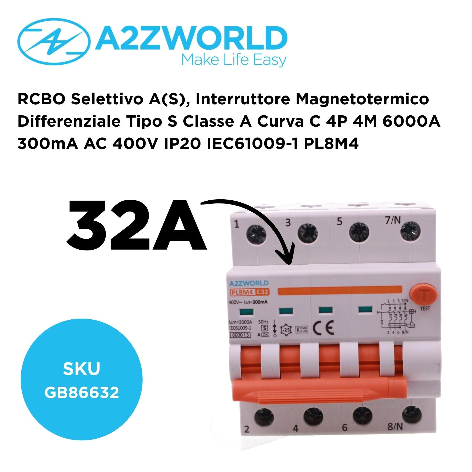 RCBO Selettivo Trifase 4P Veri, Tipo A(S) 300mA 32A C32, Interruttore Magnetotermico Differenziale Tipo S Classe A Curva C 6kA, Ritardo 500ms, 4 Moduli DIN 380V AC,Doppia Leva e Diagnostica Visiva