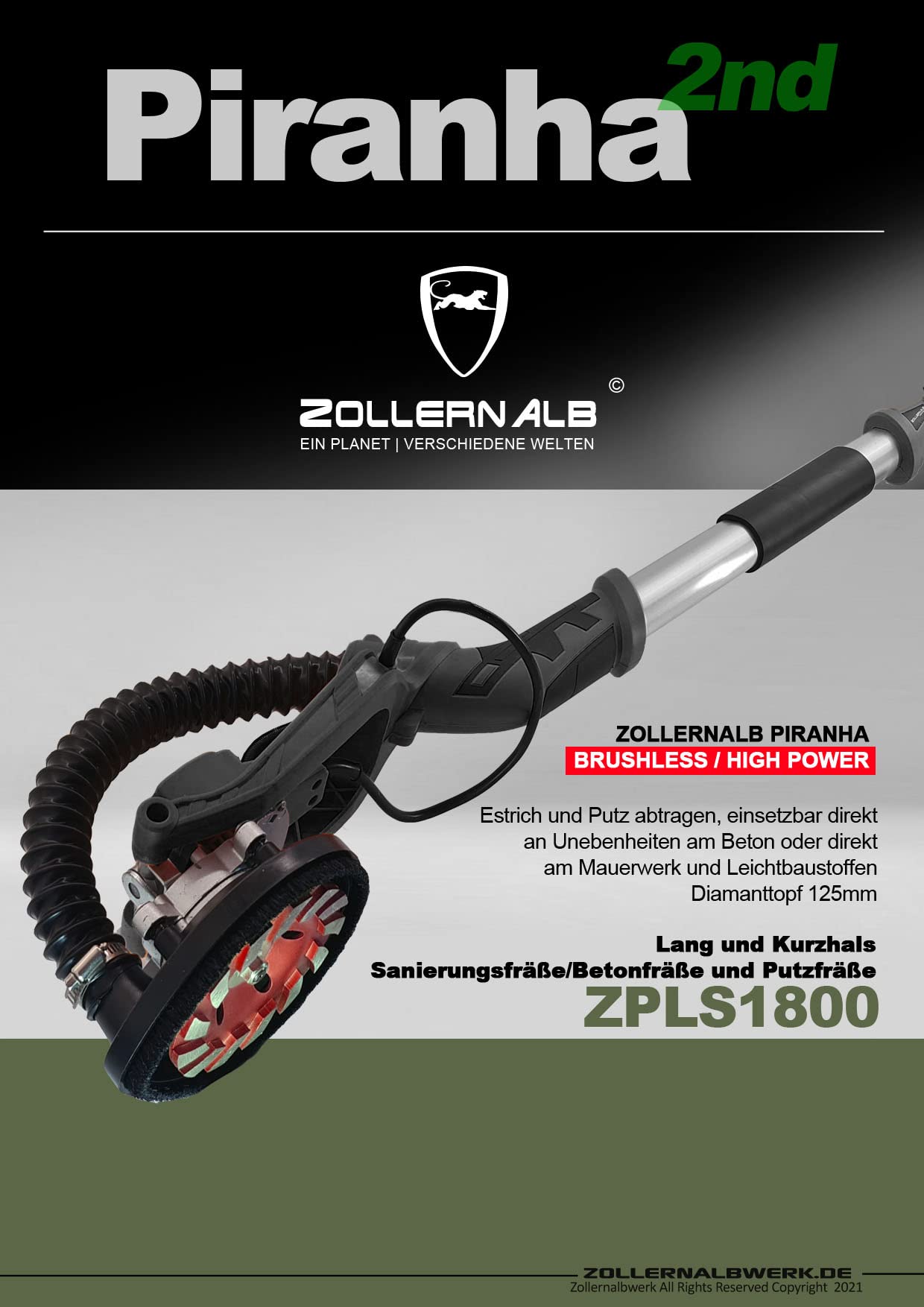 Piranha ZPLS1800 125 mm - HighPower Fräse Betonfräse Sanierungsfräse Betonschleifer 1800WATT Stufenlose Längenverstellung