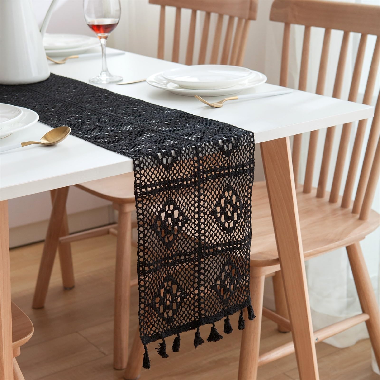 FAWFCJD Macrame Table Runner Black Cotton Crochet Table Cover Lace Boho Table Runner Rectangular Crochet Lace Elegant Hollow Mesh Table Runner With Tassels Bohemian Table Runner(24x160cm)