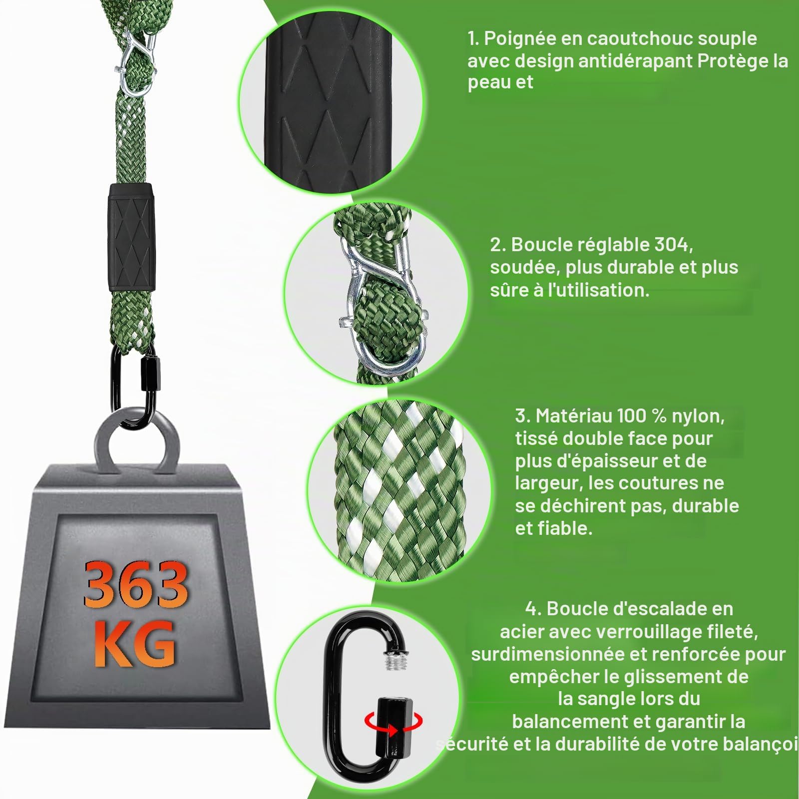 2 cordes de fixation pour balançoire, corde de balançoire en nylon réglable de 101 cm avec mousqueton, capacité de charge de 363 kg pour hamac, fauteuil suspendu, balançoire, suspension pour