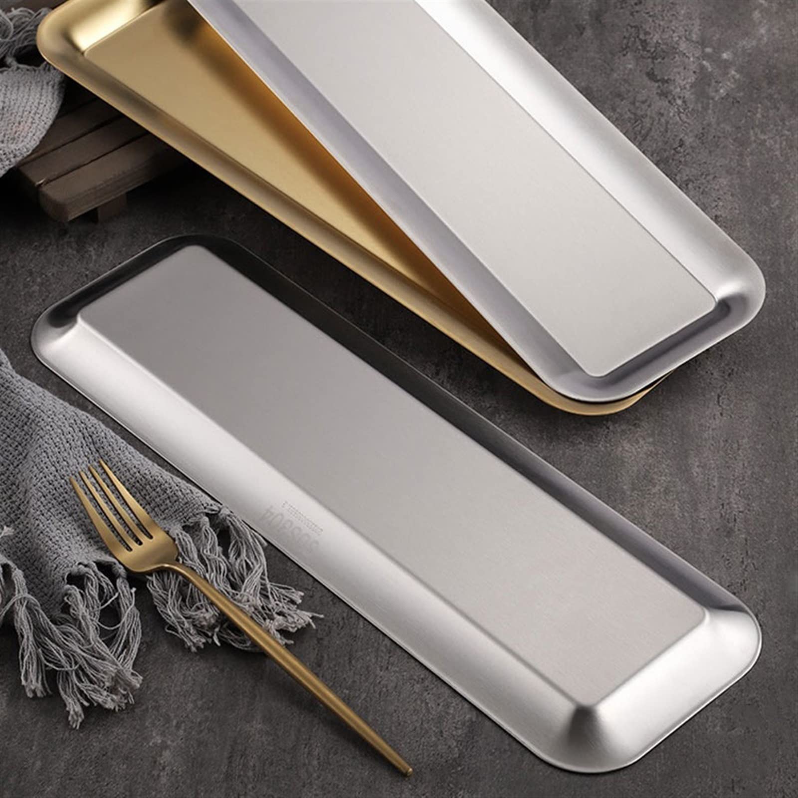 Bandeja Bandeja Decorativa Rectangular de Acero Inoxidable 304 Engrosada Almacenamiento Metal Fondo Plana Servicio Mesa Bandejas para Servir Comida(A)