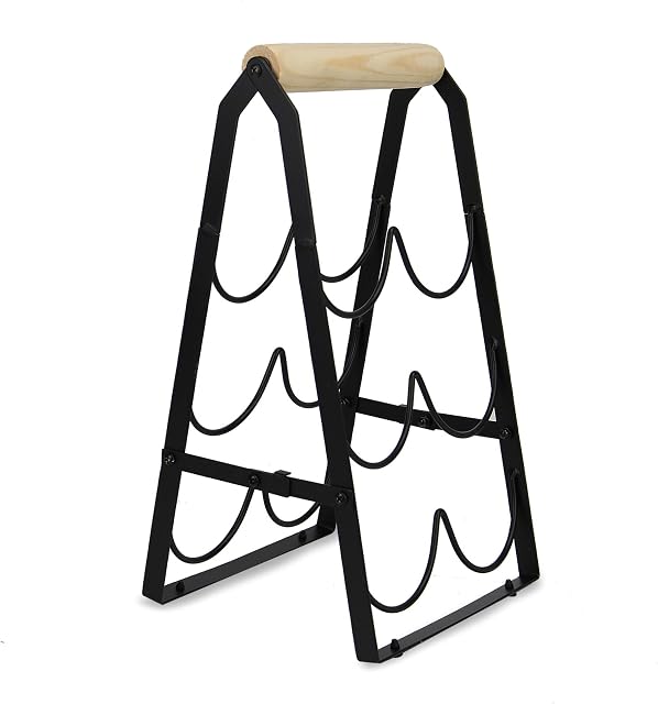 Maison & White 6 Bottle Wine Rack with Handle | Free Standing Bottle Holder | Foldable Wine Carrier | Oak Handle | Steel Table Top Storage | M&W