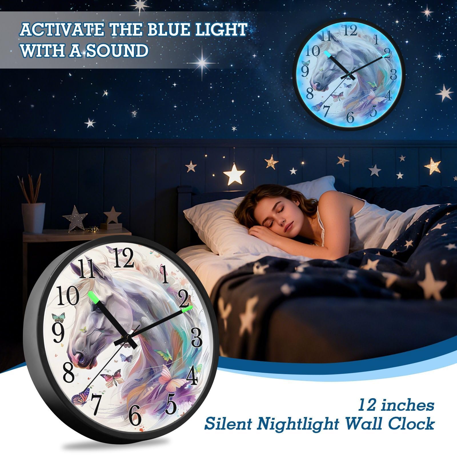 Mnsruu Reloj de pared luminoso con diseño de caballo blanco y mariposa y unicornio, funciona con pilas, silencioso, brilla en la oscuridad, para sala de estar, cocina, 12 pulgadas