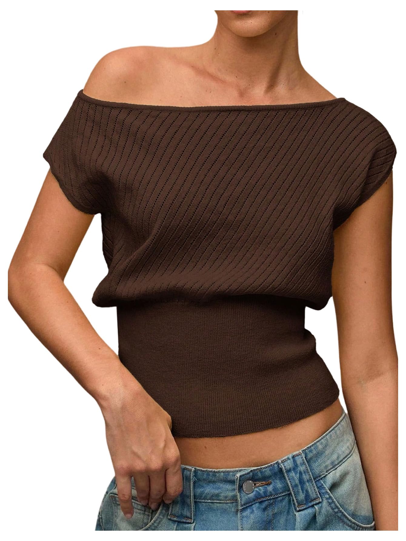Verdusa Womens Going Out Tops Off The Shoulder Lightweight Sweater Cap Sleeve Cinched Waist Crop Top