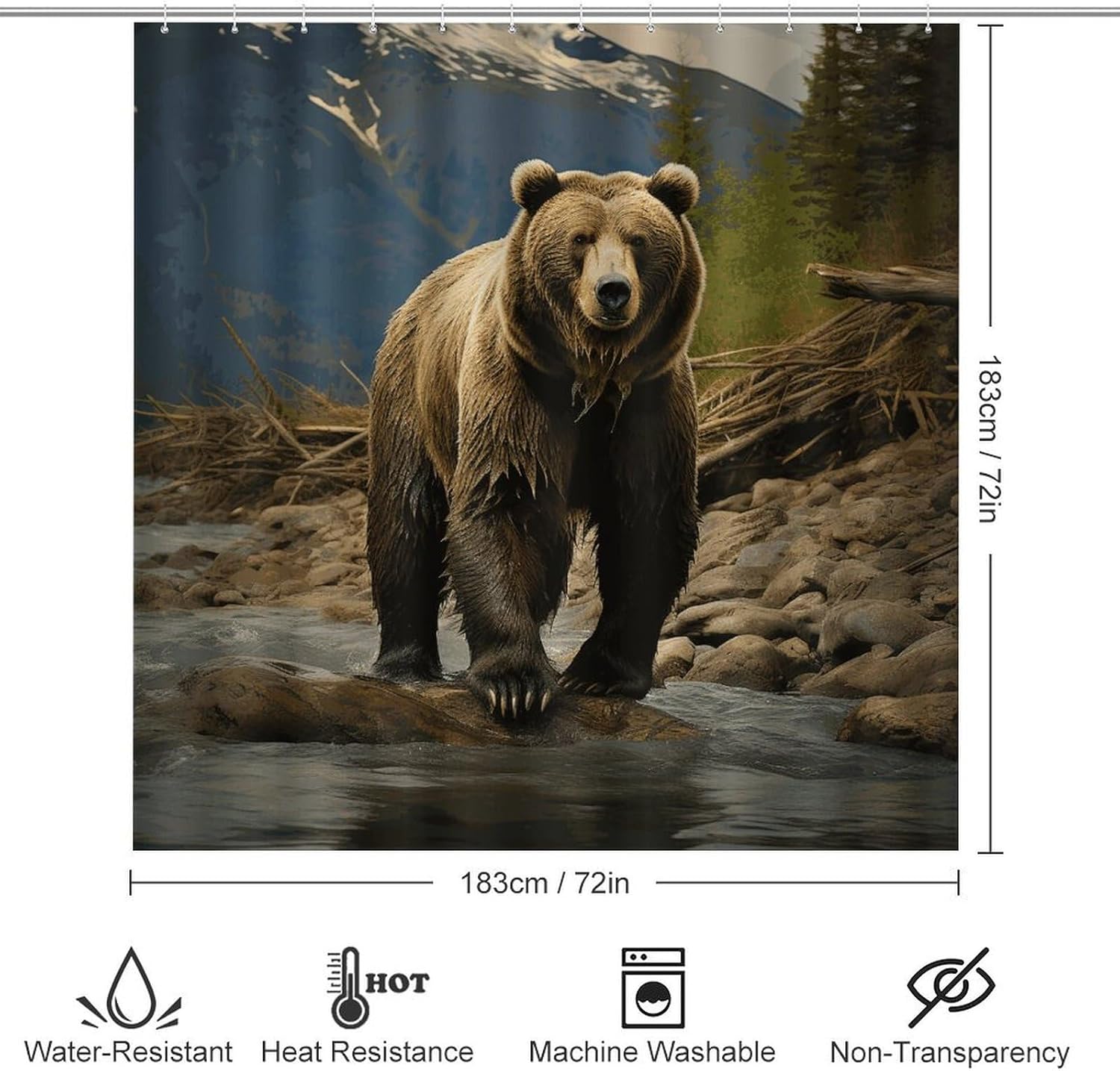 Brown Bear Shower Curtains Set 4 Piece with Non-Slip Rugs, Toilet Lid Cover and Bath Mat Soft Bathroom Carpet Waterproof Bathroom Curtain with 12 Hooks for Bathroom Decor