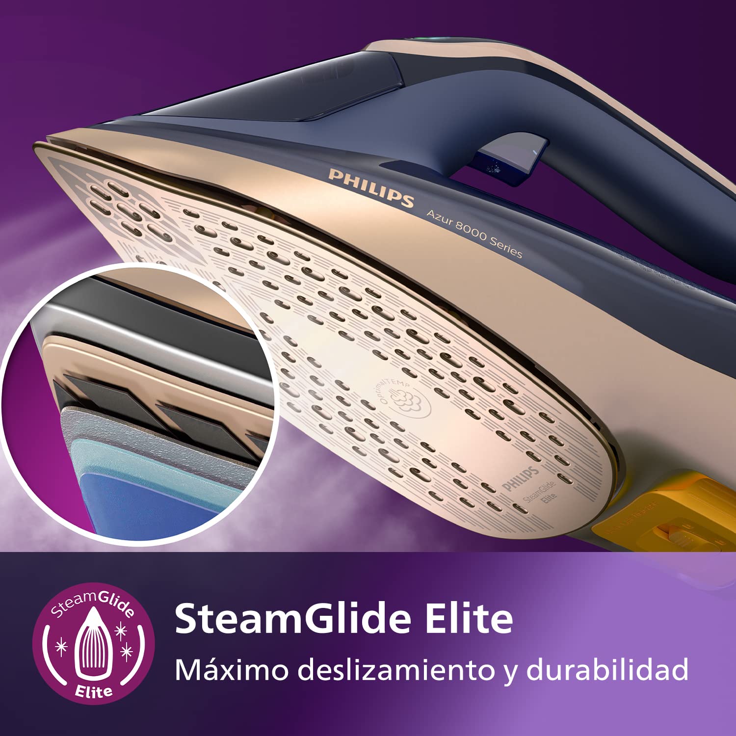 Philips Azur Serie 8000 Plancha De Vapor - 85 g/min De Vapor Continuo, 260 g De Impulso De Vapor Turbo, 3000 W, Tecnología OptimalTEMP, Suela SteamGlide Elite, Azul Oscuro (DST8050/20) | Depósito de 350 ml, sistema antical integrado, tecnología OptimalTem