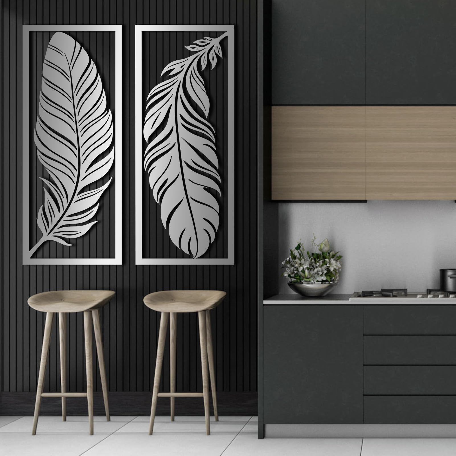 Schwarze Metallfeder-Wandkunst, Metalllinien-Wanddeko, Federkunstwerk, Moderne Skulptur zur Dekoration von Wohnzimmer, Schlafzimmer, Flur (Weiß, 64 x 76 cm)