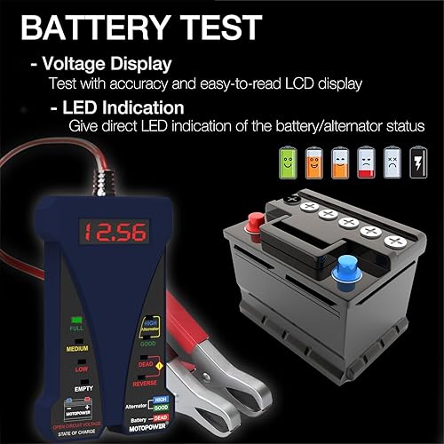 Miniatura 3 de MOTOPOWER MP0514B - Voltímetro digital de batería de 12 V y analizador de sistema de carga con pantalla LCD e indicación LED, pintura de caucho azul