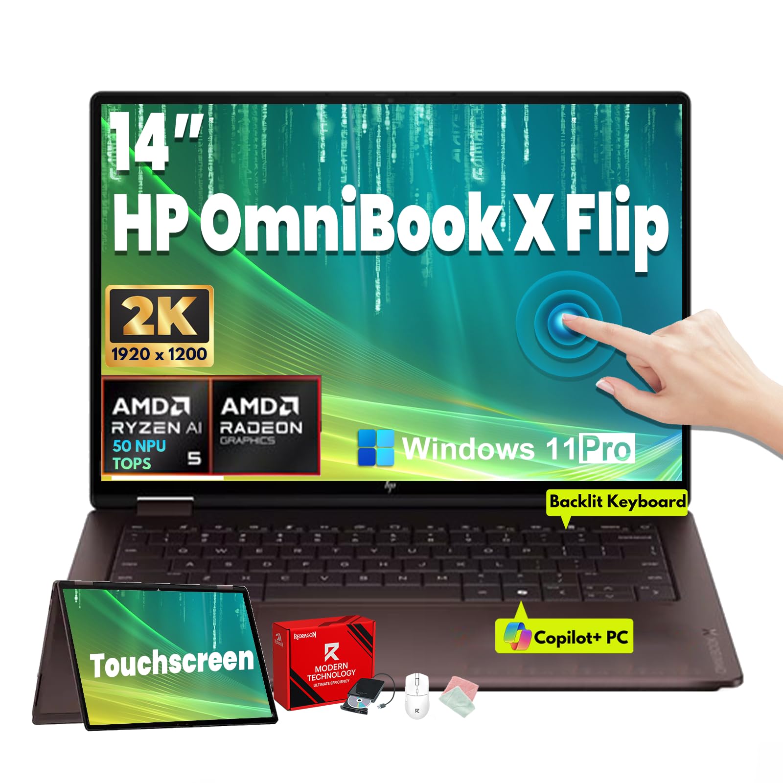 OmniBook X Flip 2 in 1 Laptop, 14" 2K OLED Touch, AMD Ryzen AI 5 430